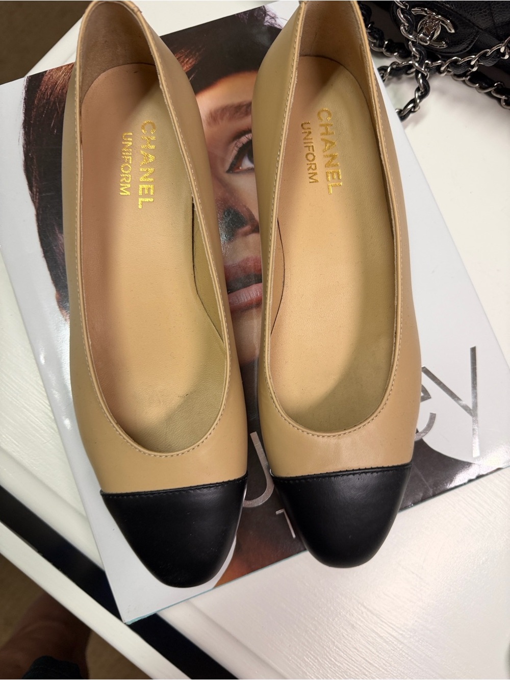 Chanel Two-Tone Beige and Black Leather Ballet Flats